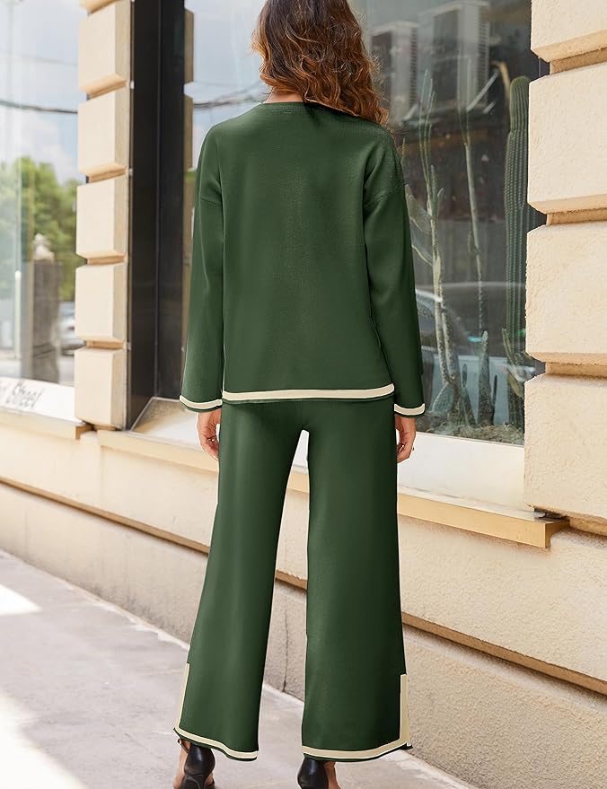 Tanming Women's 2 Piece Outfits Long Sleeve Knit Sweater Top Wide Leg Pants Lounge Sets Tracksuits