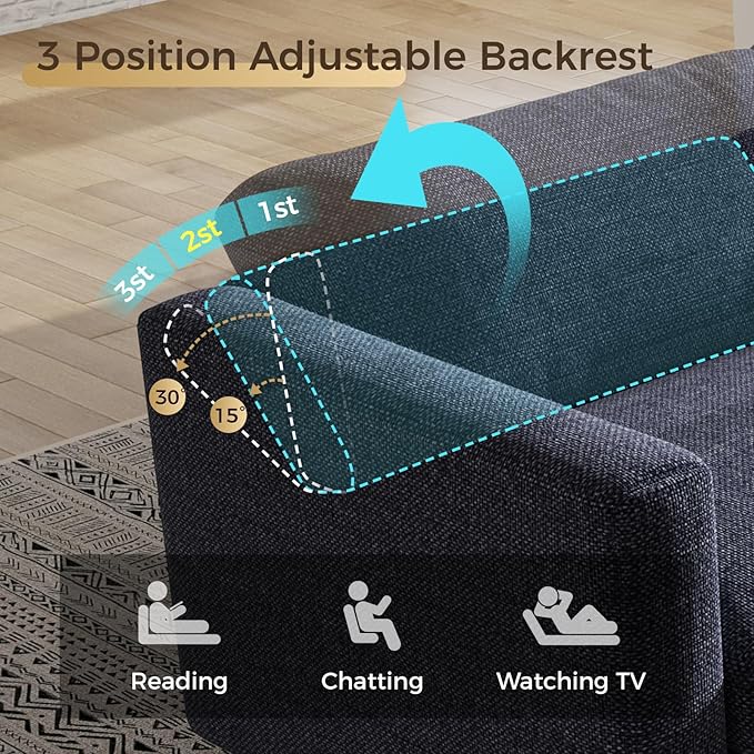 KKL Modular Sectional Sofa Couches for Living Room, 113" Sofa Couch with Adjustable Backrest, 3 Seater Sofa Couch with Comfy Cushion, Chenille, Blue