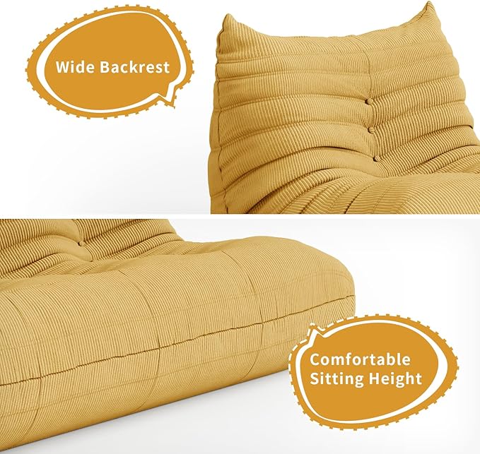 Foam Floor Lazy Couch Bean Bag Chair Sofa Fireside 2 Seat Lounger Couches for Adults Oversize Corduroy Cozy Chair for Home, Apartment and Gaming Venue,Yellow