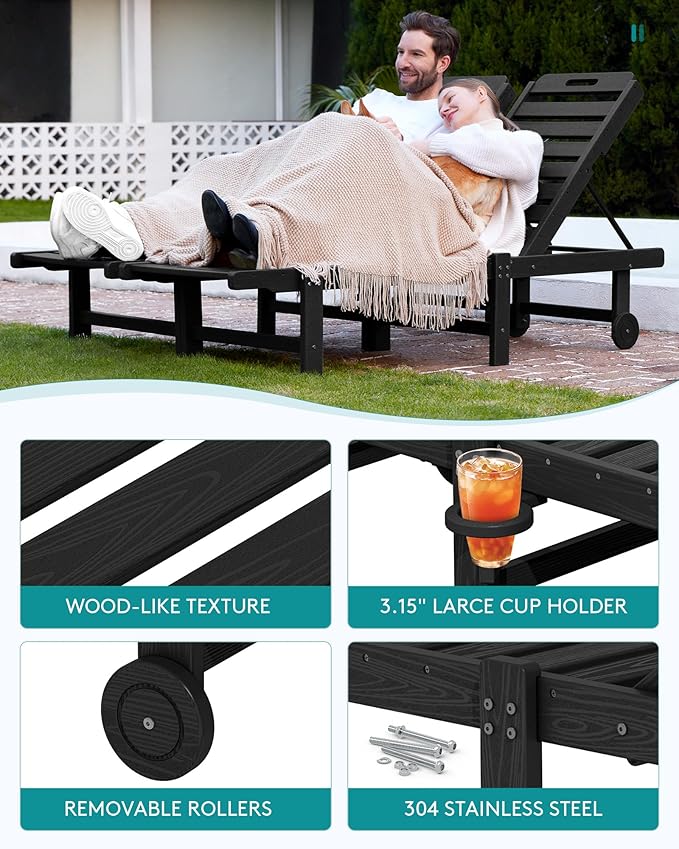 SERWALL Patio Lounge Chair Set of 2, HDPE Outdoor Lounger with Cup Holder, 5 Positions Adjustable Pool Lounger with Rolling Wheels for Poolside, Black