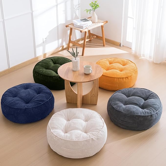 8" Washable Floor Pillow Cushion for Adults, Meditation Cushion Pillow, Large Round Floor Sitting, Removable Tufted Corduroy Cover, for Tatami Living Room or Yoga, 22x22 Inch, 2Pack, Machine Washable