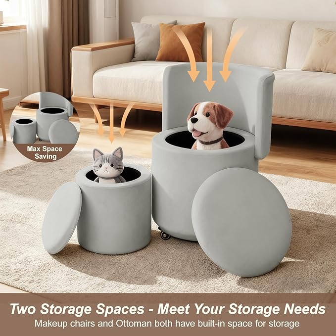 Rolling Round Vanity Chair with Storage, Swivel Makeup Chair with Folding Back, PU Leather Small Upholstered Ottoman for Bedroom Living Room