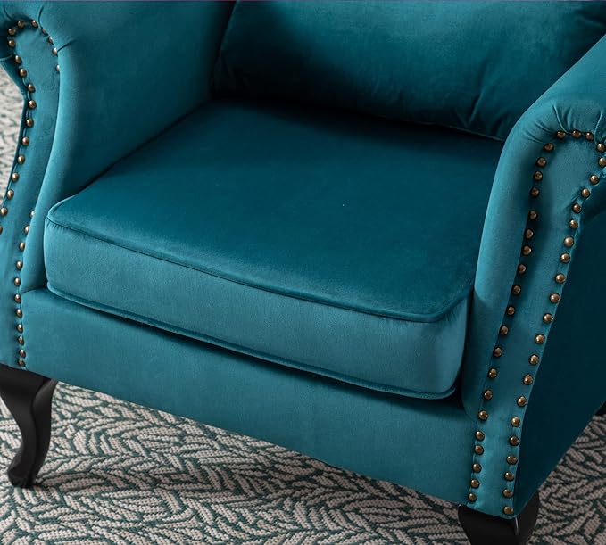 Janoray Mid Century Modern Accent Chair Upholstered Armchair Comfy Velvet Fabric Single Sofa with Tufted Wingback for Small Spaces Bedroom Living Room, Teal