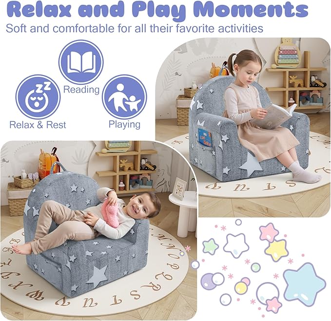 MeMoreCool Comfy Toddler Chair for 1-3 Years Old, Glow Star Kids Reading Chair, Soft Plush Toddler Armchair, Cozy Foam Lounge Kids Armchair for Baby Room, Living Room, Playroom, Reading Nook
