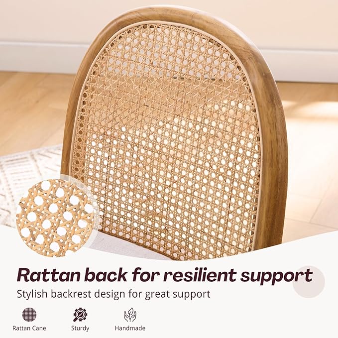 HEAH-YO Rattan Dining Chairs Set of 4, Upholstered Linen Dining Room Chairs with Backrests, Modern Kitchen Chairs with Wood Legs for Dining Room, Beige