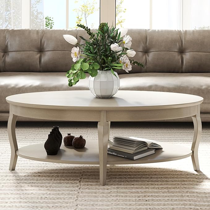 LZAREAL Coffee Table with Storage Oval Solid Wood Coffee Table Antique Farmhosue Living Room Table Rustic Center Table for Living Room Guest Room Reception Room Waiting Room, Faded White Color