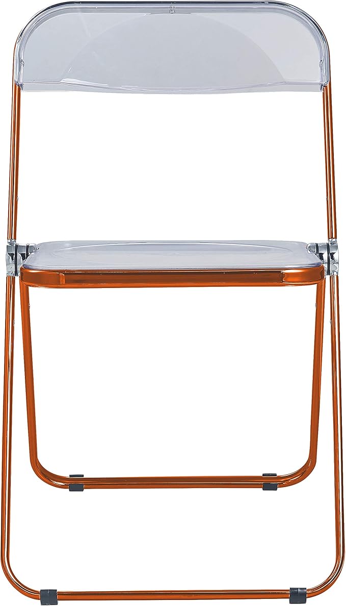 LeisureMod Lawrence Modern Transparent Acrylic Folding Chair with Metal Frame (Orange)