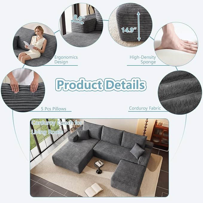 95" Cloud Sectional Couch with Ottoman,Modern U-Shaped Cloud Couch with Deep Seat,Comfy Corduroy 3-Seater Sofa,Memory Foam Sofa for Living Room,No Assembly (Dark Gray,Left-Facing Chaise)