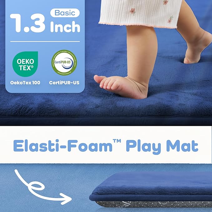 PAPAMAT 1.3" Thick Baby Floor Play Mat 71x79, Basic Padded Foam Mat for Tummy Time Crawling, Non Slip Cushioned for Babies Toddlers Infants Kids (Blue)