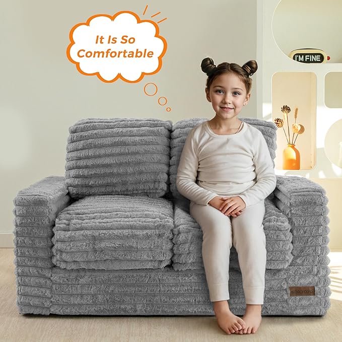 MAXYOYO Extra Wide Kids Bean Bag Chair, Comfy Faux Fur Bean Bag Sofa with Filler, Upholstered Floor Sofa with Pillows and Armrests, Lazy Floor Chair Couch for Boys and Girls, Grey