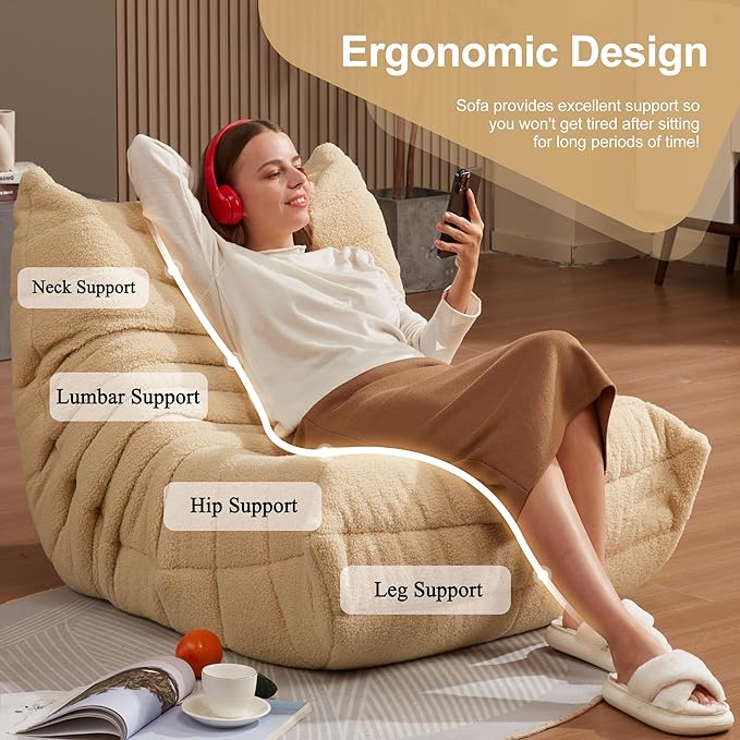 Bean Bag Chairs for Adults Giant Bean Bag Chair Memory Foam BeanBag Chair Bean Bag Sofa with Filler Faux Fur Fireside Beanbags Lazy Sofa for Living Room Bedroom Office (Khaki Teddy, Single)