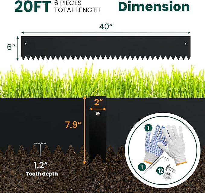 Galvanized Steel Landscape Edging Metal Landscape Edging Black Steel Landscaping Metal Garden Edging Border 6 Inch Depth 40 Inch Strips 6pcs for Lawn Yard 20 Feet Total (with 6 Clips)