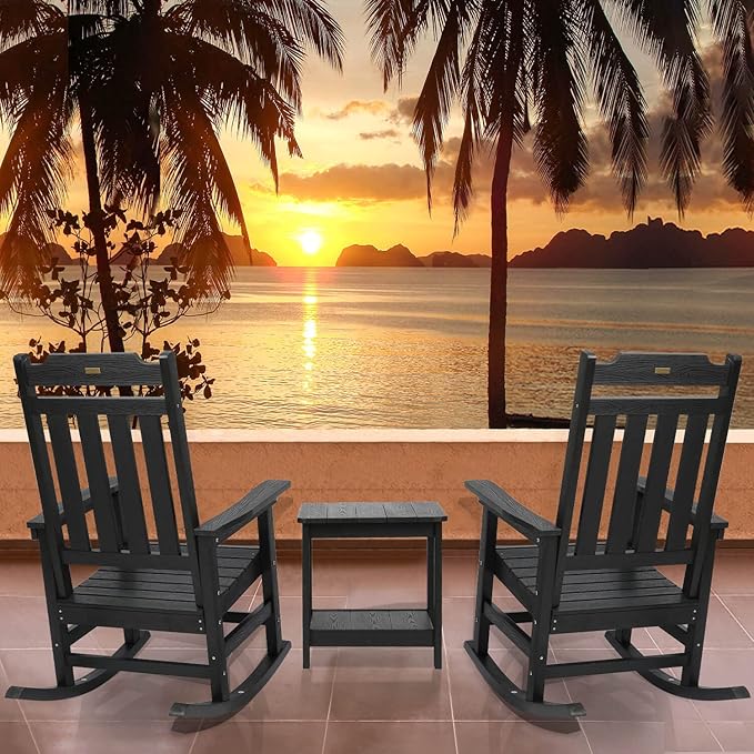 hOmeQomi Rocking Chairs Set of 4, All Weather Resistant Poly Lumber Outdoor Porch Rocker, Rocking Chairs for Outdoor, Indoor, Patio, Deck, Garden, Backyard, Load Bearing 380 lbs - Black