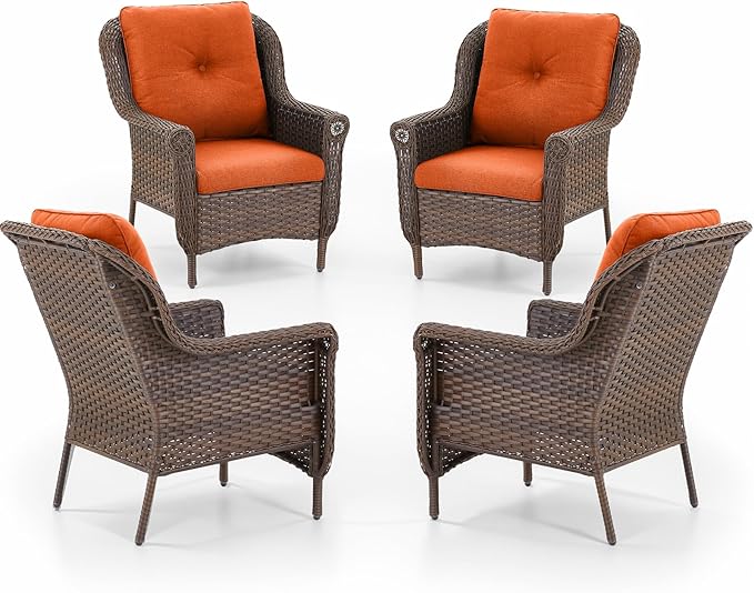 ACTREST Patio Wicker Chairs Outdoor Furniture Chair - Set of 4 Outside All Weather Lawn Dining Brown Rattan Armchair with High Back&Deep Seating for Deck Porch Balcony Backyard Garden - Orange