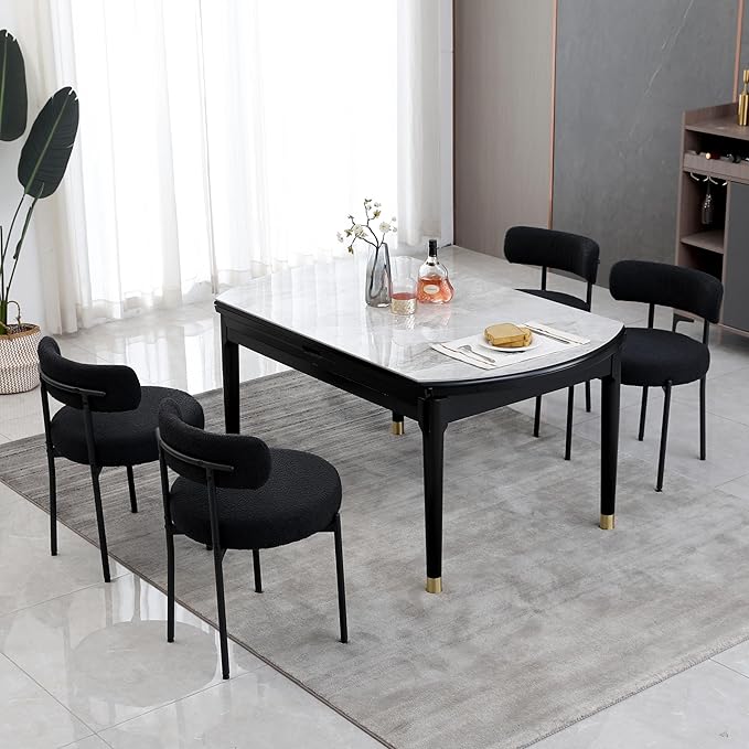 DYHOME Black Boucle Dining Chairs Set of 2, Mid Century Modern Kitchen Chairs with Curved Backrest and Metal Legs, Upholstered Dining Room Chairs