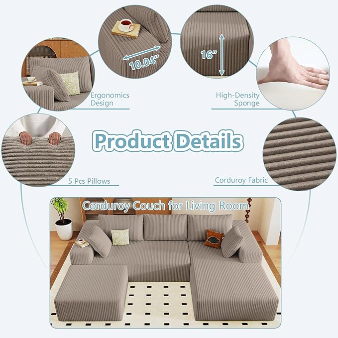 96" W Cloud Sectional Couch with Ottoman,Modern U-Shaped Cloud Couch with Deep Seat,Comfy Corduroy 3-Seater Sofa,Memory Foam Sofa for Living Room,No Assembly (Camel,Right-Facing Chaise)
