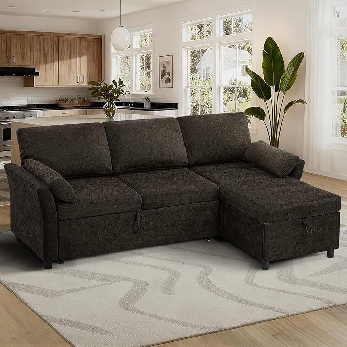 ACMEASE 83 Inches Fabric Sectional Sofa with Pull Out Sofa Bed, Modern L Shaped Sofa with Throw Pillows, Comfortable Sleeper Couch with Storage Chaise for Living Room, Brown