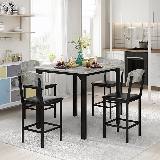 AWQM 5-Piece Dining Table Set, Dining Table Set for 4, Counter Height Table & 4 Bar Stools, Modern Kitchen Dining Set, with Upholstered Chairs, Compact Dining Set for Small Spaces, Gray