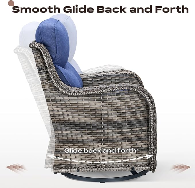 Rilyson Outdoor Swivel Rocker Chairs - All Weather Resistant Wicker Patio Furniture Set of 2 with High Back and 6 inch Thick Cushions for Deck Porch Yard and Poolside, Mixed Grey/Blue