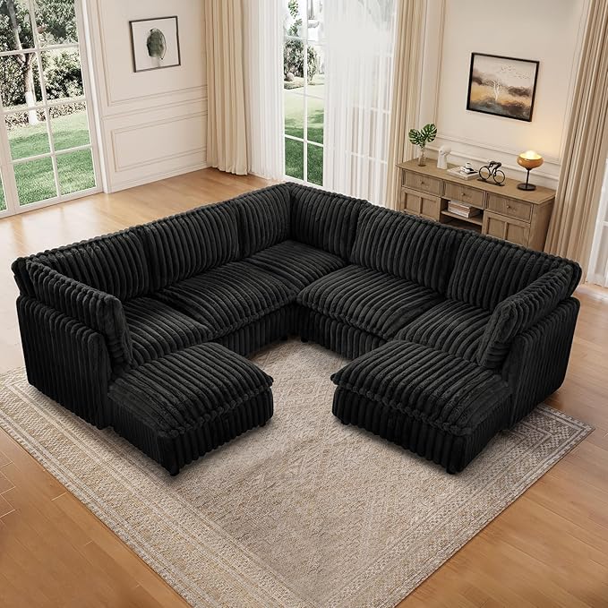 KKL Modular Sectional Couch for Living Room, V Shaped Corduroy Couches with 2 Ottomans, 7 Seater Oversized Sofa, Soft Fabric Modern Sofa, Black