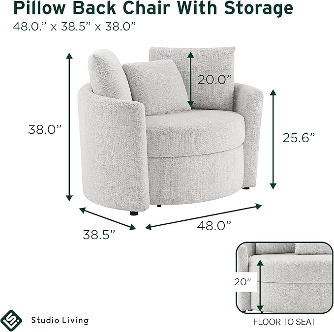 Studio Living® Beckett 48" Storage Chair, Modern Farmhouse, Pocket Coil Comfort, Easy Assembly, Chenille Fabric, Ivory