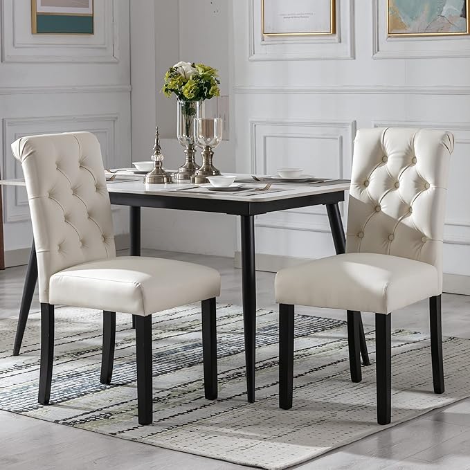 chairus Dining Chairs Set of 6 Mid Century Modern Living Room Chairs with Button Tufted High Back PU Leather Armless Chair Comfy Upholstered Side Chairs for Kitchen/Restaurant/Bedroom, Cream White