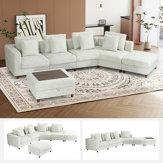 147" Curved Corner Reversible Chaise Chenille Sectional, L-Shaped Oversized Sofa with 6 Deep Plush Seats, with Ottoman & 4 Throw Pillows and Removable Covers, for Living Room and Apartment, Beige