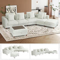 147" Curved Corner Reversible Chaise Chenille Sectional, L-Shaped Oversized Sofa with 6 Deep Plush Seats, with Ottoman & 4 Throw Pillows and Removable Covers, for Living Room and Apartment, Beige