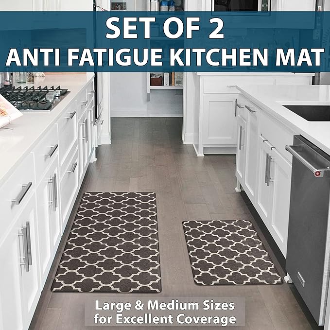 ComfiLife Kitchen Mats for Floor (2 PCs) – Cushioned Anti Fatigue Kitchen Rug for Comfortable Standing – Waterproof, Easy Clean, Non-slip, Thick Kitchen Mat Set for Home, Office, Sink, Laundry (Brown)