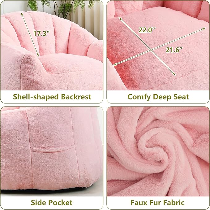 Setawix Giant Bean Bag Chair with Filler, Comfy Faux Fur Bean Bag Chairs for Adults and Kids, Lazy BeanBag Sofa Stuffed Floor Sofa with Memory Foam for Bedroom Apartment Living Room,Pink