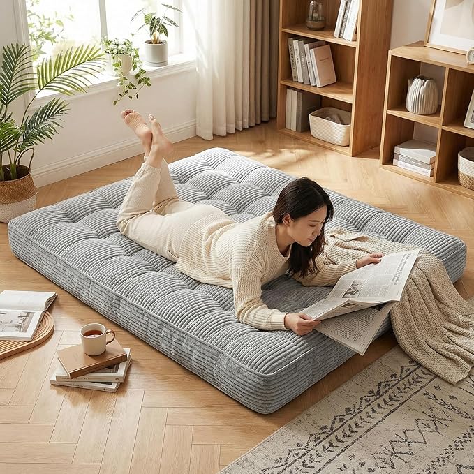 Vercraft 63 Inch Folding Bench Cushion, 4 Inch Thick 2-in-1 Convertible Long Floor Lounger Boneless Cushions Couch Mattress Upholstered for Yoga, Reading, Sleeping, Meditation Living Room(Light Grey)