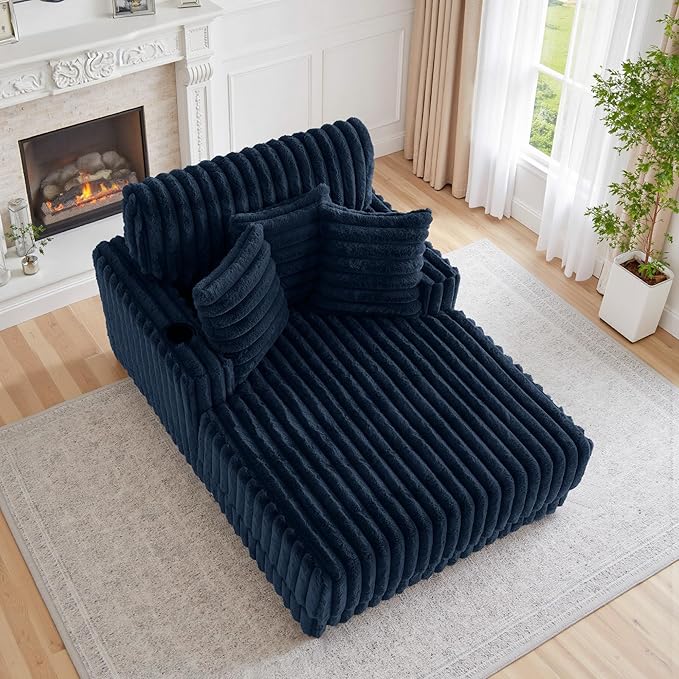 UIXE Chaise Lounge Chairs Set of 2, Oversized Indoor Sleeper Chair with 2 Cup Holders, Faux Fur Upholstered Sofa Bed Comfy Recliner for Living Room, Bedroom, Apartment - Navy
