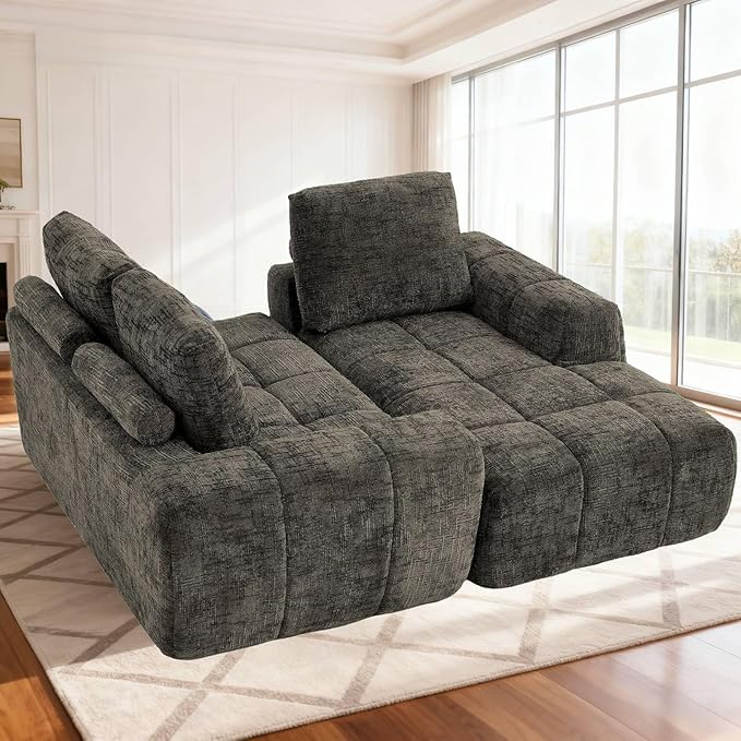 KEIKI Sectional Chenille Floor Sofa, Convertible L-Shaped Boneless Cloud Sleeper Couch with Chaise Lounge, Space Saving Modular Couches Bed for Living Room Bedroom, No Assembly Required, Ripe Olive