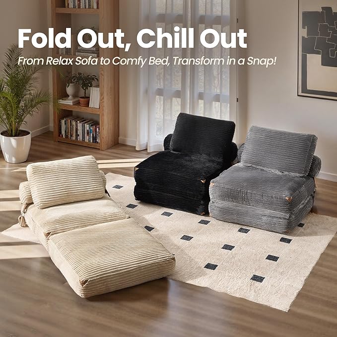 ovios Folding Sofa Bed, Foldable Sleeper Chair Floor Futon, Comfy Portable Convertible Fold Out Lounge Chairs for Living Room Bedroom, Black