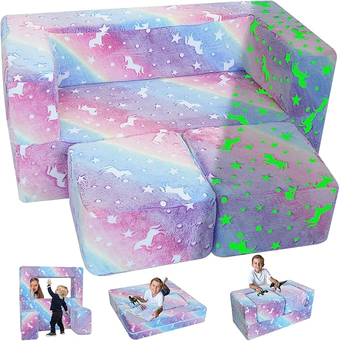 MeMoreCool Glow in The Dark Kids Couch – Modular Fold-Out Toddler Sofa (Rainbow) | Convertible Play Couch for Bedroom & Playroom; Chair, Bed, Fort or Ball Pit; Machine-Washable Velour Cover