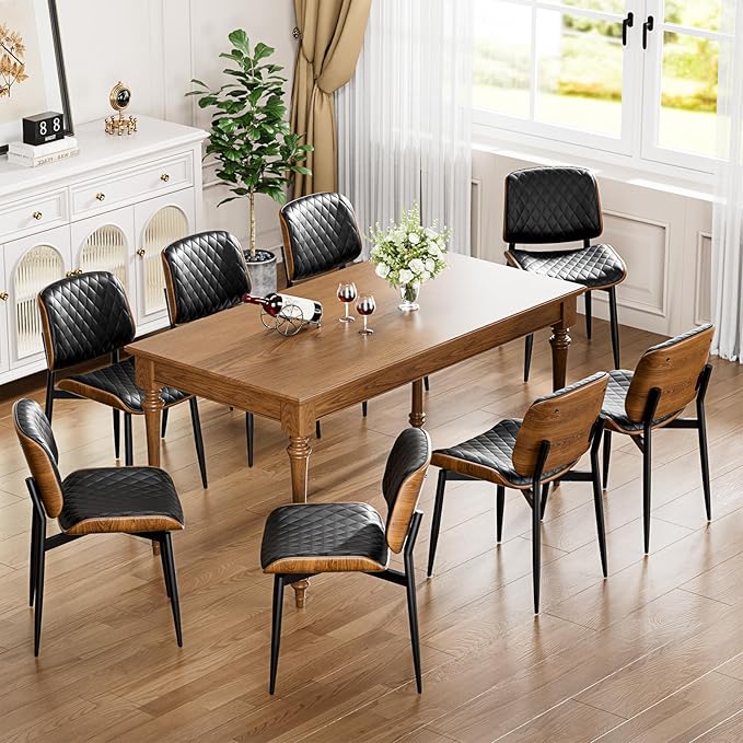 YaFiti Dining Chairs Set of 2, FSC Certified Mid Century Modern Accent Dining Room and Kitchen Chairs, Upholstered PU Leather Diamond Check Chairs with Walnut Bentwood and Metal Legs, Black