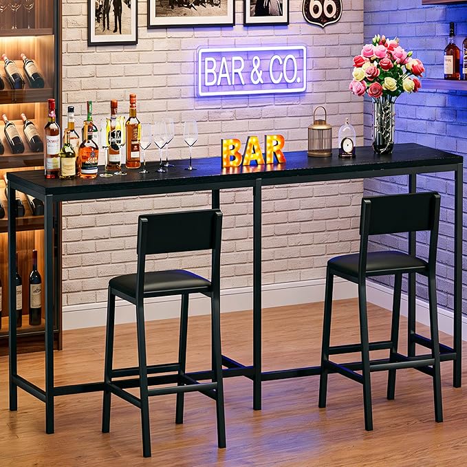Bar Table and Chairs Set, 3 Piece Convertible L-Shaped Kitchen Table with 2 PU Leather Bar Stools, 63‘’ Counter Height Small Dining Table with Power Outlets, Space Saving, Breakfast Nook Corner, Black