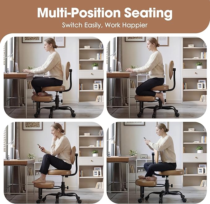 Anunweldo Cross Legged Office Chair, 360° Swivel ADHD Chairs for Adults, Height Adjustable Ergonomic Cross Legged Office Chair with Wheels, Wide Cross Legged Chair for Meditation, Yoga (Brown)