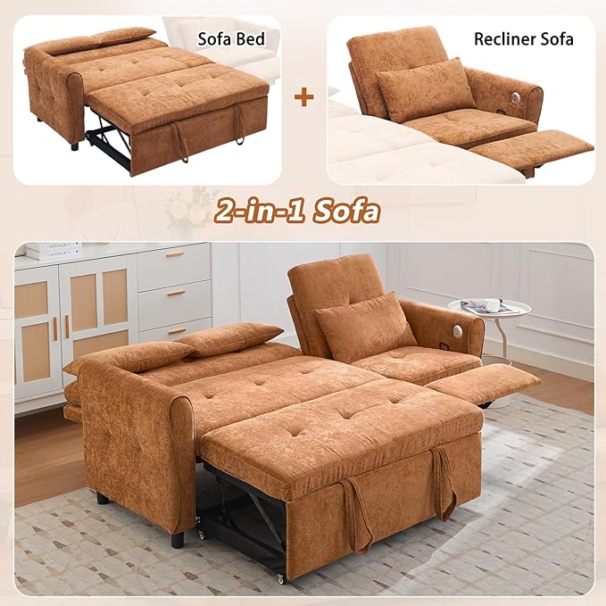 Gagawin 2 in 1 Convertible Sofa Bed with Reversible Recliner, Chenille 3-Seater Couch Sleeper with Pull Out Bed & Adjustable Backrest & Dual USB Charging Ports for Living Room, Brown