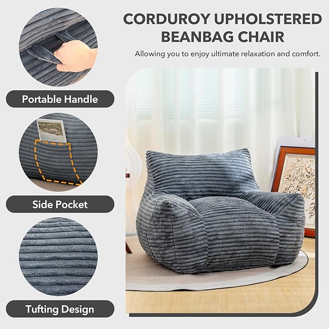 Giant Bean Bag Chair for Adults, Corduroy Upholstered Beanbag Chair with Side Pocket, Comfy Bean Bag Sofa with Portable Handle, Floor Sofa Chair for Bedroom (Grey)