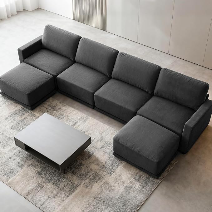 CAPCAPA 146" Modular Sectional Couches for Living Room, U-Shaped Modern Sofa with Ottomans, 6-Piece Chenille Sofa Set for Home Furniture, Dark Grey