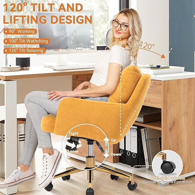 BALIAA Flannel Office Chair, Comfy Home Office Desk Chairs with Lumbar Support, Modern Velvet Desk Chair Gold Legs Small Swivel Task Chair for Home Office, Bedroom, Study (Yellow, L)