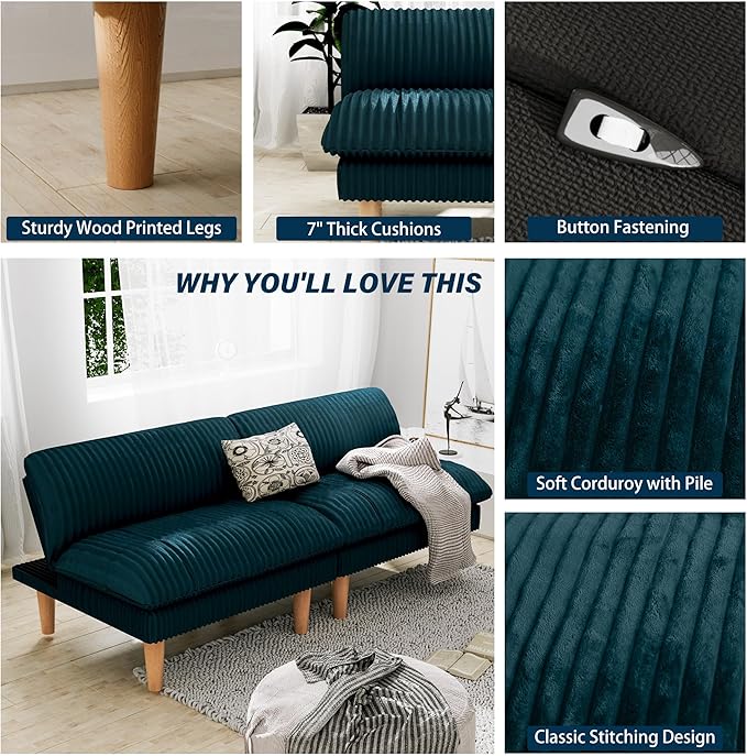3 Sets 69" Futon Sofa Bed, 4 in 1 Multi-Function Couch Sleeper with Adjustable Backrest, Modern Convertible Futon, Recliner Small Loveseat for Living Room, Plush Blue