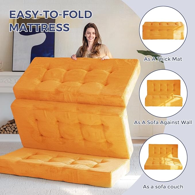 MAXYOYO Tri-Fold Mattress, 6 Inch Tufted Folding Futon Foam Bed, Foldable Floor Mattress Guest Bed Futon Topper Portable Camping Sleeping with Corded Fabric, Orange, 53"x75"
