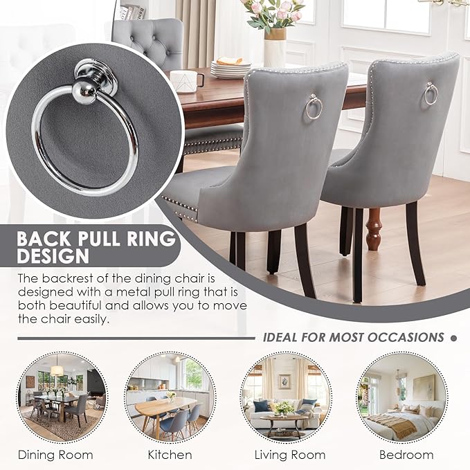 Kiztir Velvet Dining Chairs Set of 6, Upholstered Dining Room Chairs with Ring Pull Trim and Button Back, Luxury Tufted Dining Chairs for Living Room, Bedroom, Kitchen (Grey)