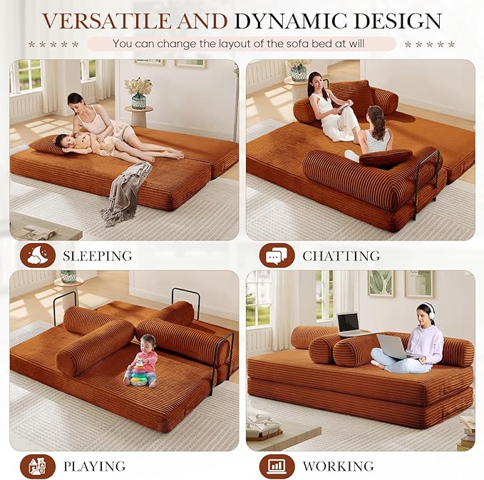 Modular Couch Bed, Convertible Folding Plush Corduroy Comfy Floor Memory Foam Compression Loveseat Sleeper Sofa Couch, King Size Bed for Guest Room Living Room Bedroom, No Assembly Required, Orange