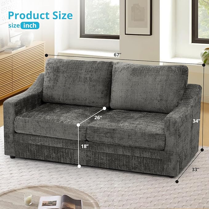 ACMEASE 67” Chenille 2-Seat Sofa w/Comfortable Back Cushions, Modern Love Seat w/Deep Seat Space, Upholstered 2 Seater Couch w/High Resiliency Foam for Living Room, Office Grey