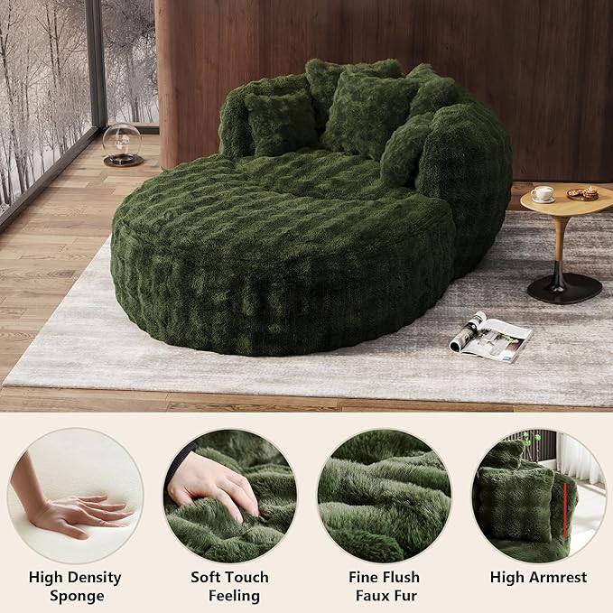 Oversized Chaise Lounge Chair Indoor with Ottoman 55" W x 75" L Round Reading Chair Plush Faux Fur Corduroy Cloud Circle Boneless Chair with 5 Pillows for Living Room - Green