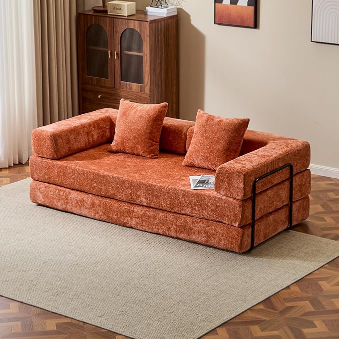 77" Convertible Foldable Floor Couch, 3-Seat Futon Sleeper Sofa for Living Room, Bedroom, or Apartment, with Pillow Backrest and Armrests, Chenille Fabric, No Assembly Required, Orange