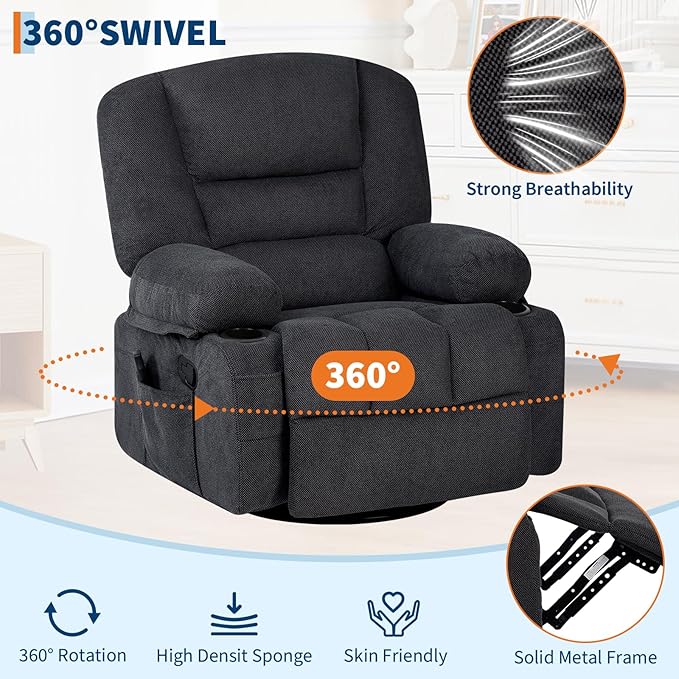 Rocker Recliner Chairs for Adults w/Vibration Massage and Heating,360° Swivel Rocker Glider Recliner,Extra Wide Manual Lazy Chair,Chenille Fabric Sofa Chair for Living Room,Bedroom,Black